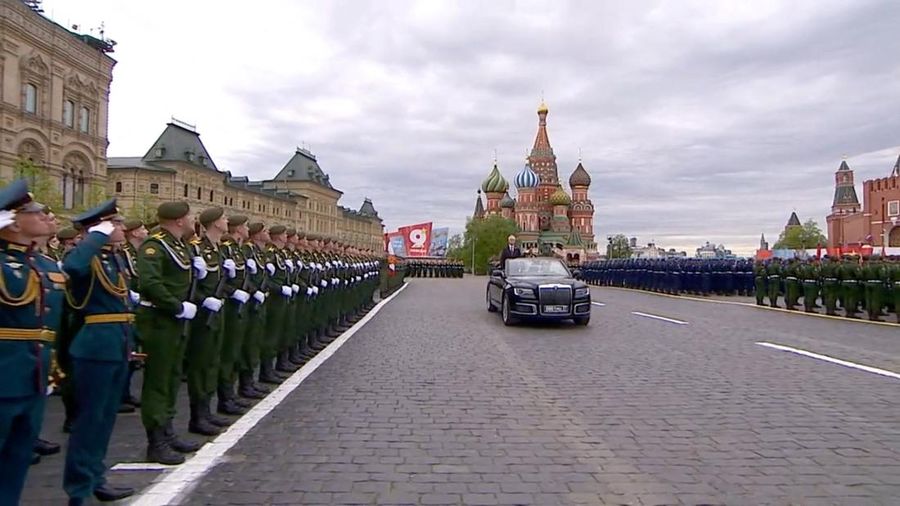Russia's Defence Minister Andrei Belousov attends a military parade on Victory Day, marking the 81st anniversary of the victory over Nazi Germany in World War Two, in Red Square in central Moscow, Russia, May 9, 2026, in this still image taken from v