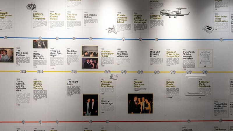 Suasana pameran di New York menampilkan semua dokumen Epstein yang dicetak. (REUTERS/David Dee Delgado)