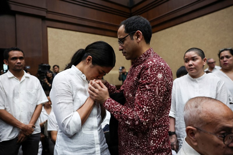 Mantan Menteri Pendidikan, Kebudayaan, Riset, dan Teknologi Nadiem Anwar Makarim dituntut hukuman 18 tahun penjara saat sidang lanjutan di Pengadilan Tipikor, Jakarta, Rabu (13/5/2026). Jaksa menyakini Nadiem bersalah dalam kasus dugaan tindak pidana korupsi pengadaan laptop Chromebook dan Chrome Device Management (CDM). (REUTERS/Willy Kurniawan)