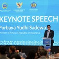Menteri Keuangan (Menkeu) Purbaya Yudhi Sadewa dalam seminar internasional bertajuk “Debottlenecking Channel” yang diselenggarakan di Aula Dhanapala, Jakarta pada Selasa (12/5/2026). (Dok. Kemenkeu Foto/Biro KLI - Zalfa’Dhiaulhaq)