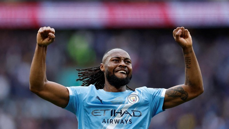 Antoine Semenyo merayakan gol pertama Manchester City saat menghadapi Chelsea FC pada final Piala FA di Stadion Wembley, Sabtu (16/5/2026).