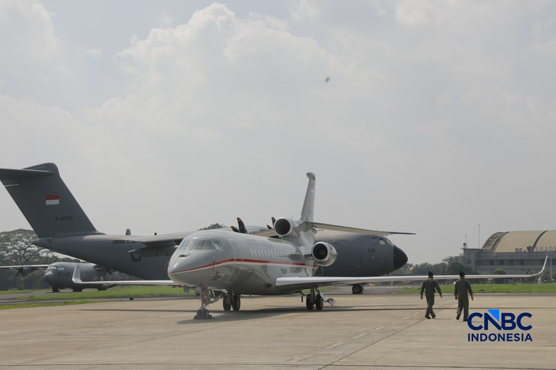 Pesawat jet tempur Multi-Role Combat Aircraft (MRCA) Rafale, A400M MRTT, Falcon 8X, Smart Weapon Hammer dan Missile Meteor di Lanud Halim Perdana Kusuma, Jakarta, Senin (18/5/2026). (CNBC Indonesia/Muhammad Sabki)