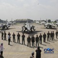 Pesawat jet tempur Multi-Role Combat Aircraft (MRCA) Rafale, A400M MRTT, Falcon 8X, Smart Weapon Hammer dan Missile Meteor di Lanud Halim Perdana Kusuma, Jakarta, Senin (18/5/2026). (CNBC Indonesia/Muhammad Sabki)