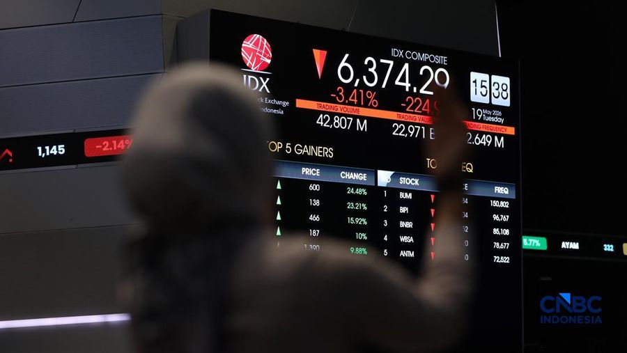 Ilustrasi orang berdoa dengan latar belakang Bursa Saham Indonesia di Bursa Efek Indonesia, Jakarta, Selasa (19/5/2026). (CNBC Indonesia/Tri Susilo)
