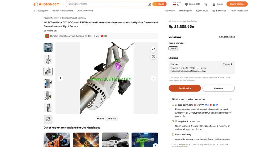 Mainan Dewasa Putih DIY 1000 watt 58V Motor Laser Genggam dengan Pemantik yang Dikendalikan Jarak Jauh, Sumber Cahaya Koheren Hijau yang Dapat Disesuaikan. (Tangkapan Layar/alibaba.com)