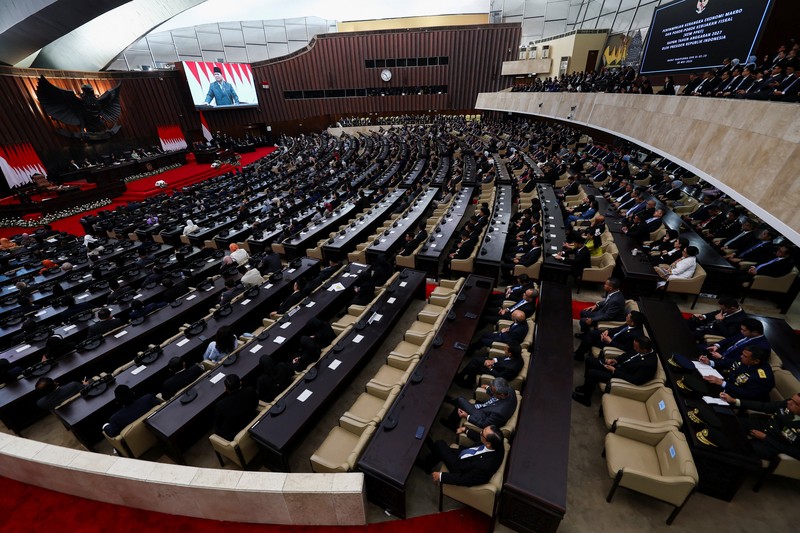 Presiden Prabowo Subianto menyampaikan pidato saat menghadiri Rapat Paripurna DPR RI ke-19 Terkait KEM dan PPKF RAPBN 2027 di Gedung DPR RI, Jakarta, Rabu (20/5/2026). (REUTERS/Willy Kurniawan)