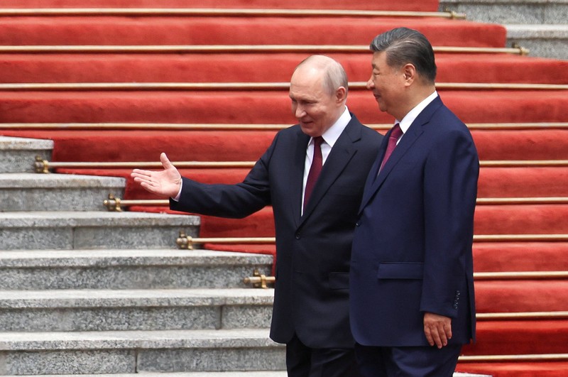 Presiden China Xi Jinping dan Presiden Rusia di Balai Besar Rakyat di Beijing, China, Rabu (20/5/2026). (Sputnik/Maxim Stulov/Pool via REUTERS)