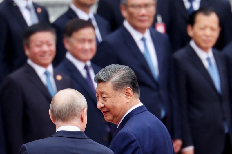 Presiden China Xi Jinping dan Presiden Rusia di Balai Besar Rakyat di Beijing, China, Rabu (20/5/2026). (Sputnik/Maxim Stulov/Pool via REUTERS)