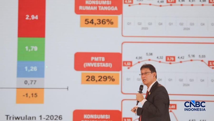 Menteri Keuangan RI, Purbaya Yudhi Sadewa saat menyampaikan pemaparan dalam Jogja Financial Festival 2026 di Jogja Expo Center (JEC), Yogyakarta, DIY, Jumat (22/5/2026).