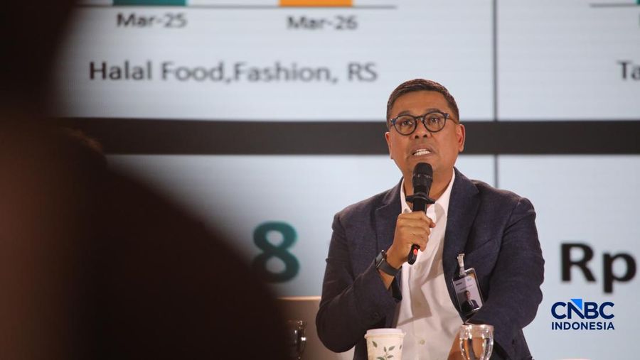 Direktur Utama PT Bank Syariah Indonesia (Persero) Tbk, Anggoro Eko Cahyo saat menyampaikan pemaparan dalam Jogja Financial Festival 2026 di Jogja Expo Center (JEC), Yogyakarta, DIY, Sabtu (23/5/2026). (CNBC Indonesia/Faisal Rahman)