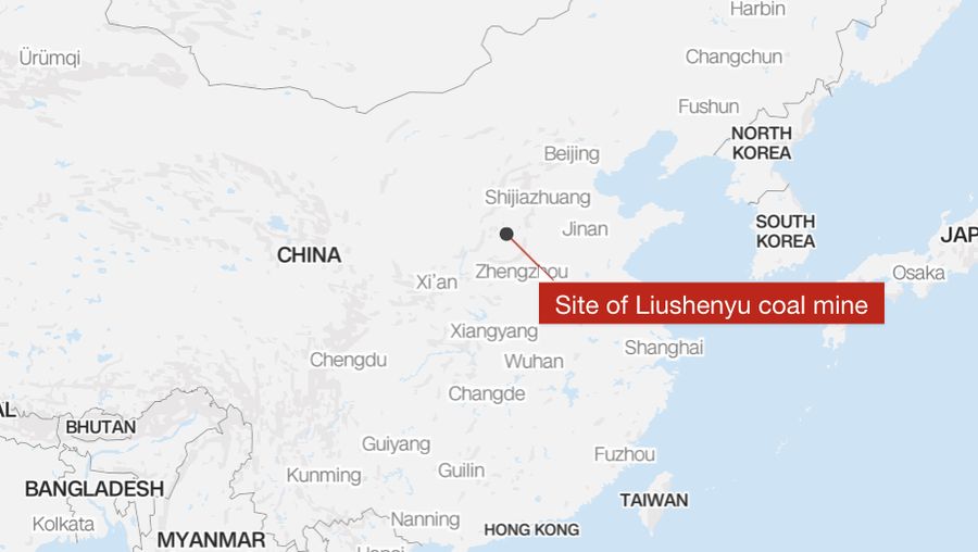 Peta menunjukkan lokasi tambang batu bara China setelah ledakan gas. (Istimewa)