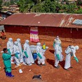 Para pekerja Palang Merah yang mengenakan alat pelindung diri (APD) berjalan dalam formasi saat mereka mendisinfeksi tanah di luar rumah seorang pria tak dikenal yang meninggal karena Ebola, sebelum mengambil jenazahnya, sementara lembaga-lembaga ban