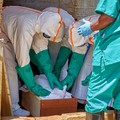 Para pekerja Palang Merah yang mengenakan alat pelindung diri (APD) menempatkan jenazah seorang anak yang meninggal karena Ebola ke dalam peti mati, sementara lembaga-lembaga bantuan meningkatkan upaya untuk menahan wabah Ebola baru yang melibatkan s