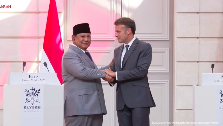 Foto: Presiden Republik Indonesia Prabowo Subianto mengadakan pertemuan dengan Presiden Republik Prancis Emmanuel Macron di Istana Élysée, Paris, Prancis, Kamis (28/5/2026) malam WIB. (Tangkapan Layar YouTube Sekretariat Presiden)