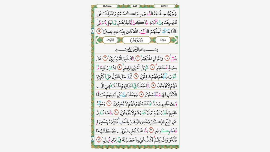 Halaman Al-Quran Surat Yasin dengan tulisan Arab ayat-ayat awal, lengkap dengan tanda tajwid dan nomor ayat dalam mushaf.