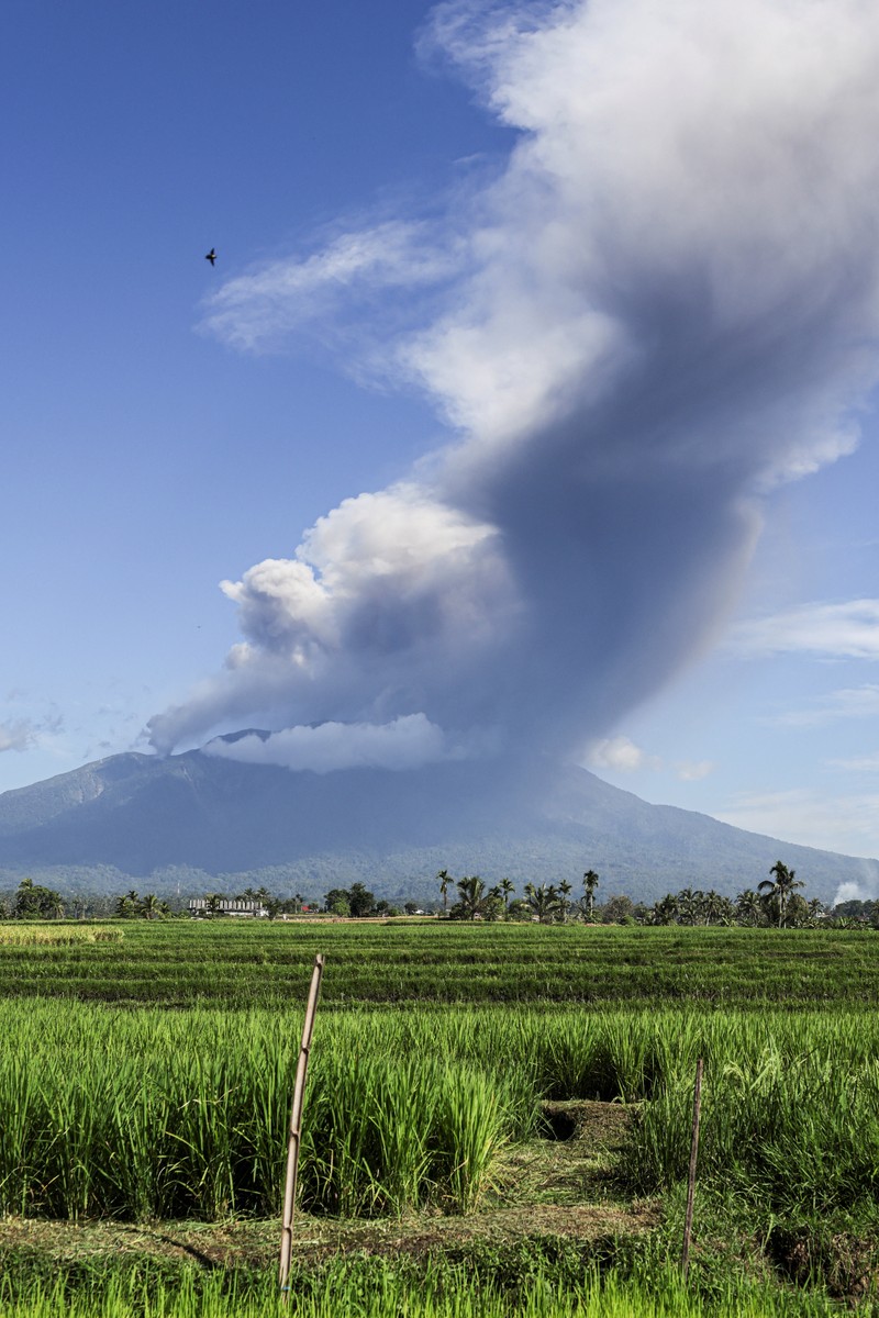 Gunung berapi Gunung Marapi memuntahkan abu vulkanik terlihat dari Batusangkar di Tanah Datar, provinsi Sumatra Barat, Sabtu (30/5/2026). (REUTERS/Atet Dwi Pramadia)