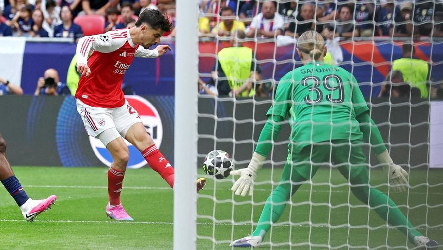 Kai Havertz saat gol pada laga Final UEFA Champions League antara Paris St Germain melawan Arsenal pada  di Puskas Arena, Budapest, Hungaria, Sabtu (30/5/2026). (REUTERS/Phil Noble)