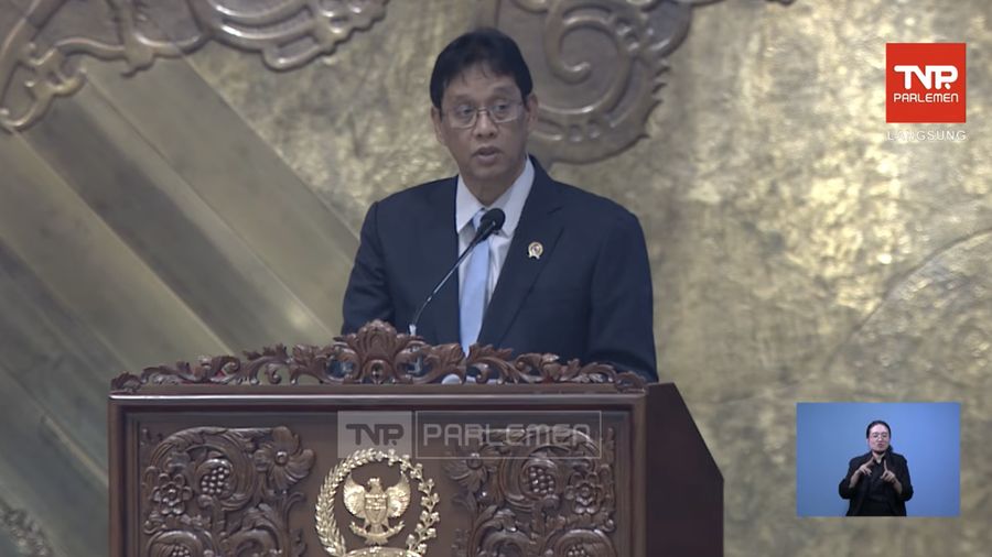 Menteri Keuangan (Menkeu), Purbaya Yudhi Sadewa saat menyampaikan laporan dalam Rapat Paripurna DPR RI ke-20 Masa Persidangan V Tahun Sidang 2025–2026 di Komplek Parlemen, Jakarta, Kamis (4/6/2026). (Tangkapan Layar Youtube/TVR Parlemen)
