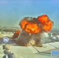 Rekaman CCTV menunjukkan api dan asap yang mengepul setelah serangan di Bandara Internasional Kuwait, di Kota Kuwait, Kuwait pada 3 Juni 2026, dalam cuplikan layar dari video ini. (Civil Aviation Kuwait/Handout via REUTERS)