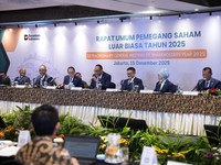 PT ANTAM Tbk (ANTM) atau ANTAM, mengumumkan bahwa Perusahaan telah menyelenggarakan Rapat Umum Pemegang Saham Luar Biasa Tahun 2025 (“RUPSLB”) yang diselenggarakan di Ruang Sumba, Hotel Borobudur Jakarta, Senin (15/12/2025). (Dok. ANTAM)