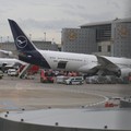 Sebuah pesawat Boeing milik Lufthansa dikelilingi oleh ambulans dan kendaraan darurat lainnya setelah beberapa anggota staf terluka ketika roda depan pesawat Boeing 787 tiba-tiba ambruk di sebuah gerbang di Bandara Frankfurt, menurut Lufthansa, di Fr