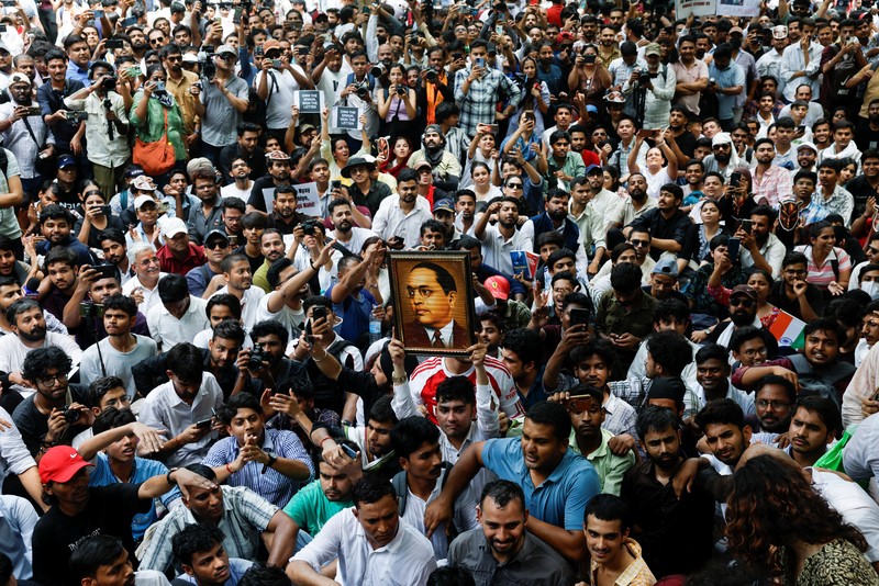 Supporters of the Cockroach Janta Party (CJP) gather during a sit-in protest demanding the resignation of Indian Education Minister Dharmendra Pradhan, in New Delhi, India, June 6, 2026. REUTERS/Adnan Abidi
