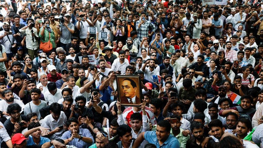 Supporters of the Cockroach Janta Party (CJP) gather during a sit-in protest demanding the resignation of Indian Education Minister Dharmendra Pradhan, in New Delhi, India, June 6, 2026. REUTERS/Adnan Abidi