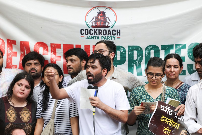 Supporters of the Cockroach Janta Party (CJP) gather during a sit-in protest demanding the resignation of Indian Education Minister Dharmendra Pradhan, in New Delhi, India, June 6, 2026. REUTERS/Adnan Abidi
