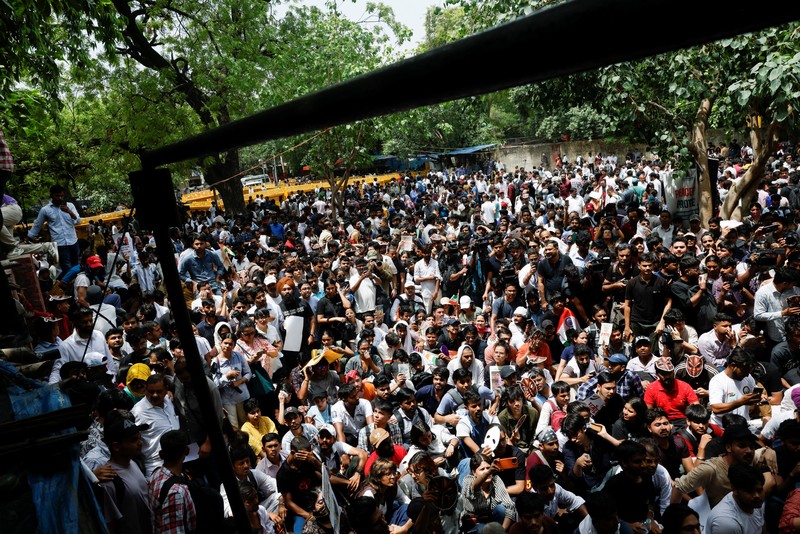Supporters of the Cockroach Janta Party (CJP) gather during a sit-in protest demanding the resignation of Indian Education Minister Dharmendra Pradhan, in New Delhi, India, June 6, 2026. REUTERS/Adnan Abidi