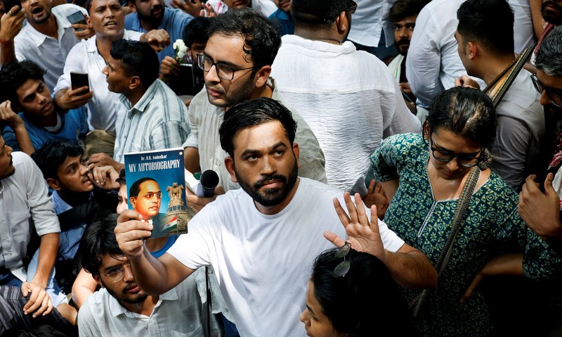Supporters of the Cockroach Janta Party (CJP) gather during a sit-in protest demanding the resignation of Indian Education Minister Dharmendra Pradhan, in New Delhi, India, June 6, 2026. REUTERS/Adnan Abidi