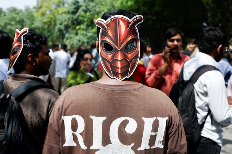 Supporters of the Cockroach Janta Party (CJP) gather during a sit-in protest demanding the resignation of Indian Education Minister Dharmendra Pradhan, in New Delhi, India, June 6, 2026. REUTERS/Adnan Abidi