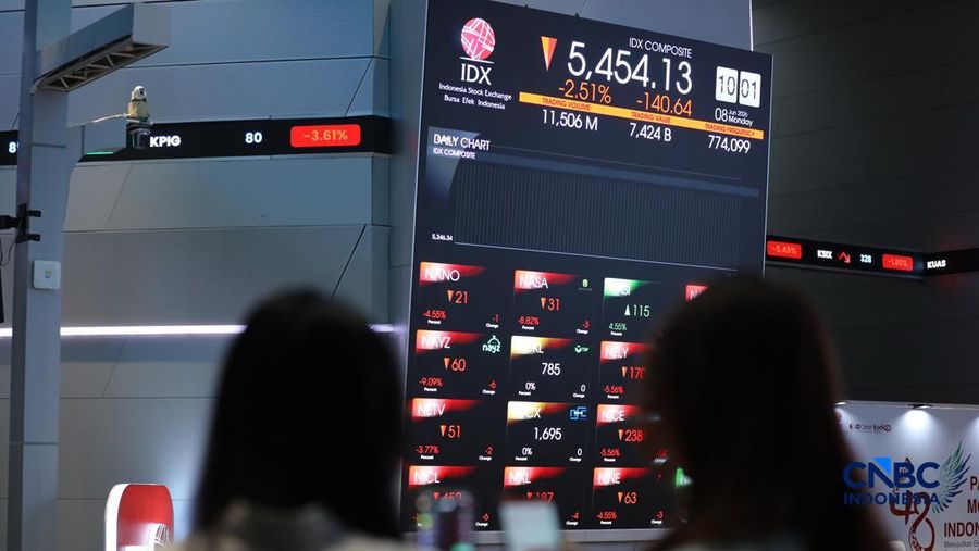 Layar menampilkan pergerakan Indeks Harga Saham Gabungan (IHSG) di gedung Bursa Efek Indonesia (BEI), Jakarta, Senin (8/6/2026). (CNBC Indonesia/Tri Susilo)