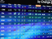 Layar menampilkan pergerakan Indeks Harga Saham Gabungan (IHSG) di gedung Bursa Efek Indonesia (BEI), Jakarta, Senin (8/6/2026). (CNBC Indonesia/Tri Susilo)