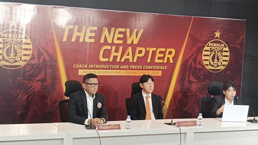 Persija Jakarta resmi menunjuk Shin Tae Yong menjadi pelatih kepala menggantikan Mauricio Souza dalam konferensi pers yang berlangsung di Jakarta Internasional Stadium (JIS), Senin (8/6/2026). (Dok. Detikcom/Muhammad Robbani)