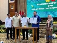 Menteri Pertanian Amran Sulaiman, bersama Wakil Menteri Pertanian Sudaryono, dan Kepala BRIN Arif Satria saat konferensi pers di kantor Kementan, Jakarta, Selasa (9/6/2026). (CNBC Indonesia/Martyasari RIzky)