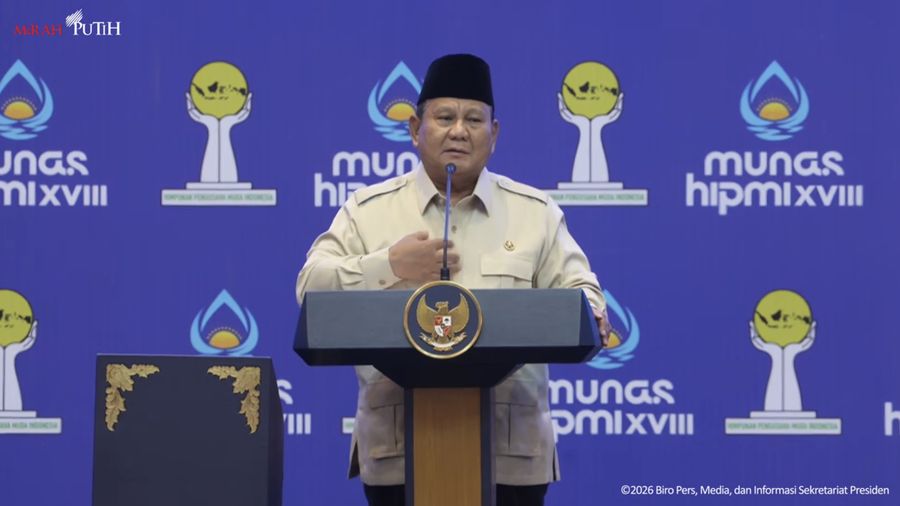 Foto: Presiden Prabowo Subianto dalam pembukaan Munas XVIII Himpunan Pengusaha Muda Indonesia di Kota Bandar Lampung, Lampung, Rabu (10/6/2026). (Tangkapan Layar YouTube Sekretariat Presiden)