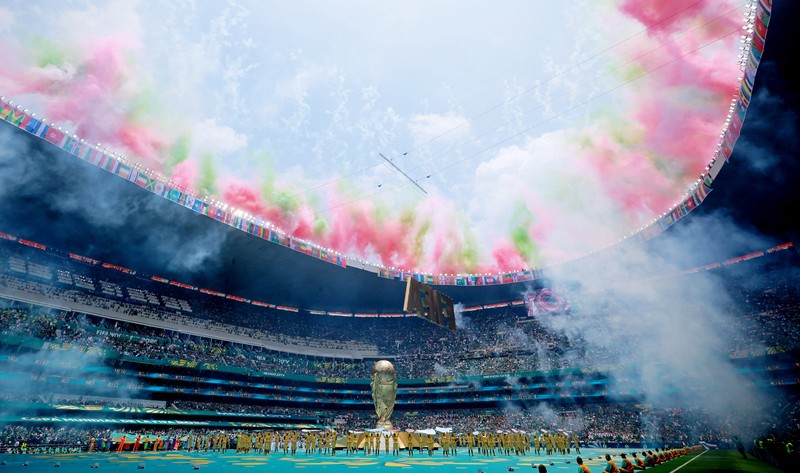 Pemandangan umum terlihat selama upacara pembukaan sebelum pertandingan Grup A FIFA World Cup 2026 antara Mexico national football team dan South Africa national football team di Estadio Azteca, Kamis (11/6/2026). (REUTERS/Eloisa Sanchez)