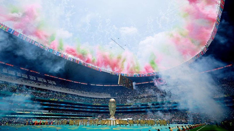 Pemandangan umum terlihat selama upacara pembukaan sebelum pertandingan Grup A FIFA World Cup 2026 antara Mexico national football team dan South Africa national football team di Estadio Azteca, Kamis (11/6/2026). (REUTERS/Eloisa Sanchez)