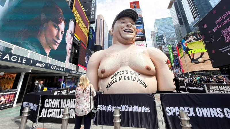 Sebuah karikatur tiup raksasa Elon Musk berdiri di Times Square mengkritik Grok, chatbot kecerdasan buatan yang dikembangkan oleh xAI, di Kota New York, New York, AS, 11 Juni 2026. (REUTERS/Roselle Chen)