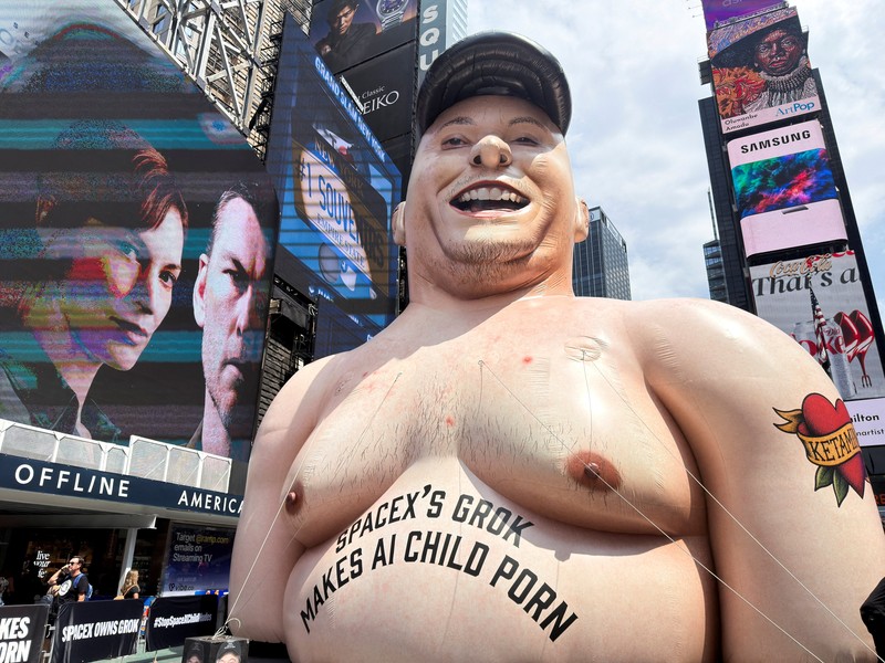 Sebuah karikatur tiup raksasa Elon Musk berdiri di Times Square mengkritik Grok, chatbot kecerdasan buatan yang dikembangkan oleh xAI, di Kota New York, New York, AS, 11 Juni 2026. (REUTERS/Roselle Chen)