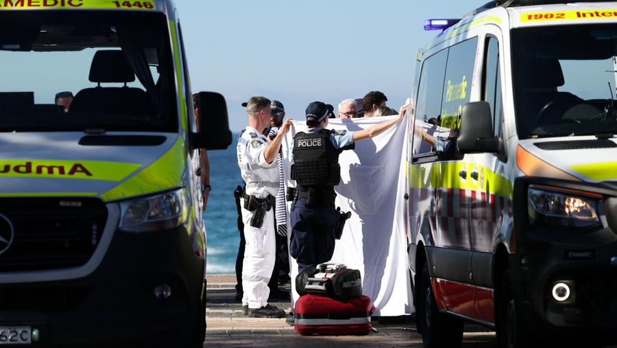 Polisi dan petugas darurat berada di lokasi kejadian setelah adanya laporan serangan hiu di Pantai Coogee di Sydney, Australia, 13 Juni 2026.