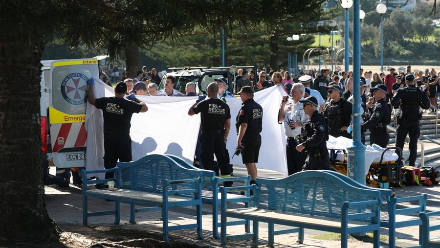 Polisi dan petugas darurat berada di lokasi kejadian setelah adanya laporan serangan hiu di Pantai Coogee di Sydney, Australia, 13 Juni 2026. (REUTERS/Hollie Adams)