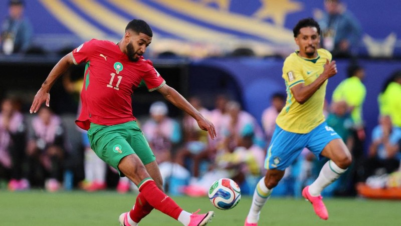 Ismael Saibari mencetak gol pertama untuk Morocco national football team saat menghadapi Brazil national football team pada laga Grup C FIFA World Cup 2026 di MetLife Stadium, Sabtu (13/6/2026).