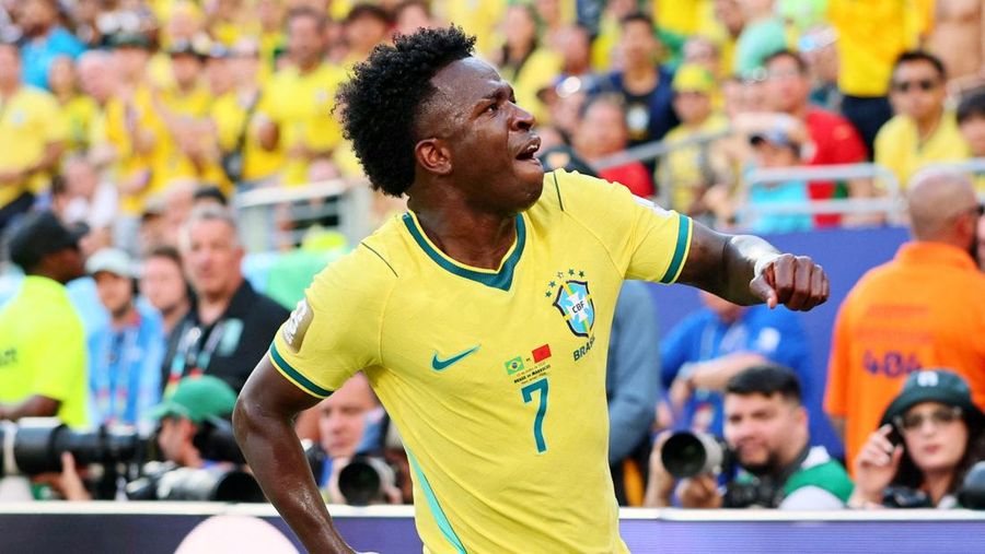 Vinicius Junior dari Brazil national football team menunjukkan reaksi usai pertandingan melawan Morocco national football team pada laga Grup C FIFA World Cup 2026 di MetLife Stadium, Sabtu (13/6/2026).