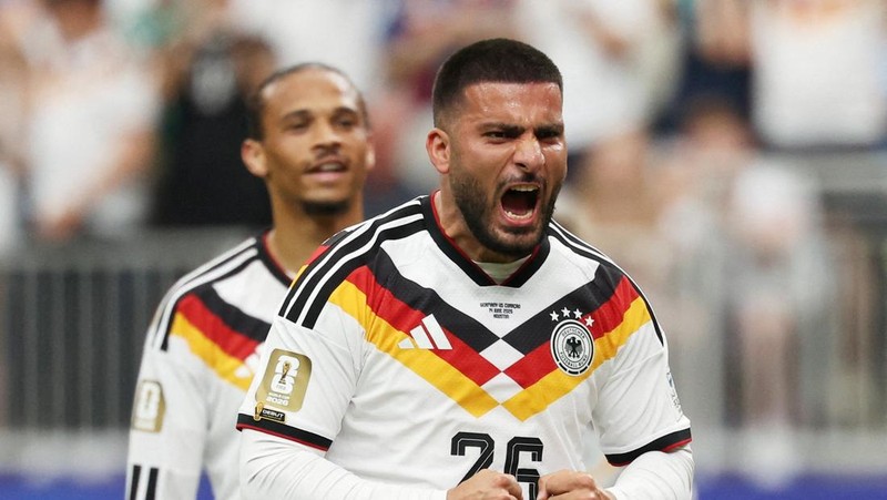 Deniz Undav merayakan gol keenam Jerman bersama Leroy Sané dalam laga Grup E Piala Dunia FIFA 2026 antara Jerman dan Curaçao di Houston Stadium, Houston, Texas, Amerika Serikat, Minggu (14/6/2026).
