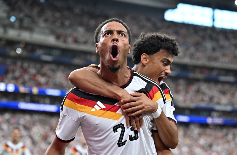Para pemain Jerman merayakan kemenangan setelah pertandingan Grup E Piala Dunia FIFA 2026 antara Jerman dan Cura&ccedil;ao di Houston Stadium, Houston, Texas, Amerika Serikat, Minggu (14/6/2026). (IMAGN IMAGES via Reuters/Maria Lysaker)