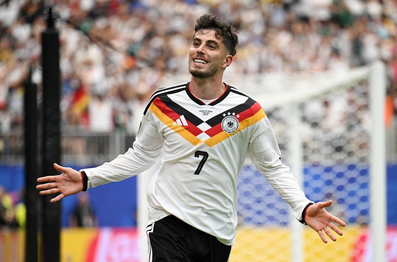 Para pemain Jerman merayakan kemenangan setelah pertandingan Grup E Piala Dunia FIFA 2026 antara Jerman dan Cura&ccedil;ao di Houston Stadium, Houston, Texas, Amerika Serikat, Minggu (14/6/2026). (IMAGN IMAGES via Reuters/Maria Lysaker)