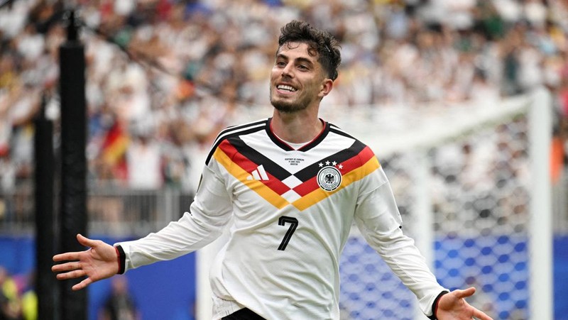 Kai Havertz merayakan gol ketujuh Jerman dalam pertandingan Grup E Piala Dunia FIFA 2026 antara Jerman dan Curaçao di Houston Stadium, Houston, Texas, Amerika Serikat, Minggu (14/6/2026).