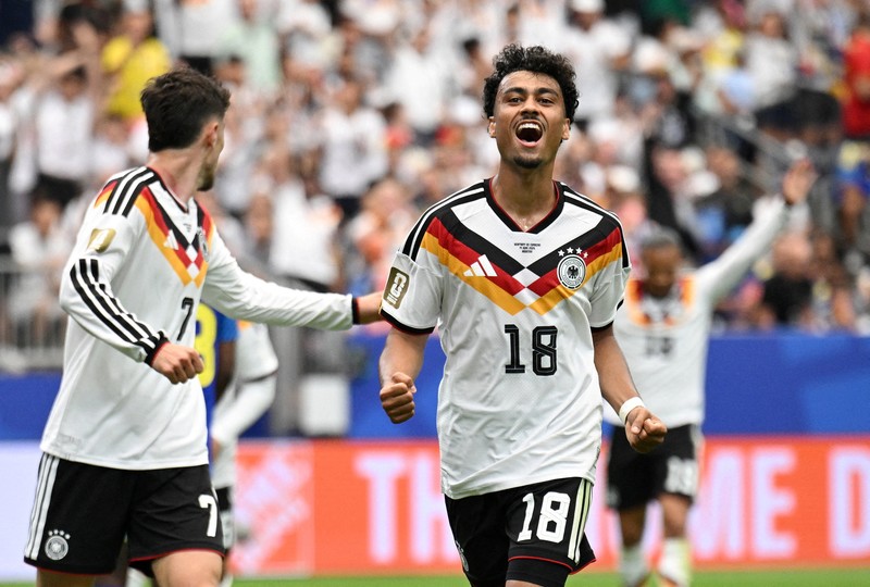 Para pemain Jerman merayakan kemenangan setelah pertandingan Grup E Piala Dunia FIFA 2026 antara Jerman dan Cura&ccedil;ao di Houston Stadium, Houston, Texas, Amerika Serikat, Minggu (14/6/2026). (IMAGN IMAGES via Reuters/Maria Lysaker)