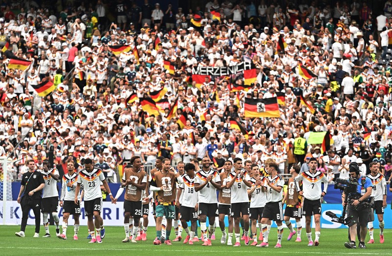 Para pemain Jerman merayakan kemenangan setelah pertandingan Grup E Piala Dunia FIFA 2026 antara Jerman dan Cura&ccedil;ao di Houston Stadium, Houston, Texas, Amerika Serikat, Minggu (14/6/2026). (IMAGN IMAGES via Reuters/Maria Lysaker)